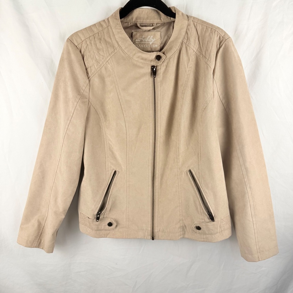 Sebby Collection Tan Faux Suede Zip Up‎ Jacket Large Moto Lightweight Casual